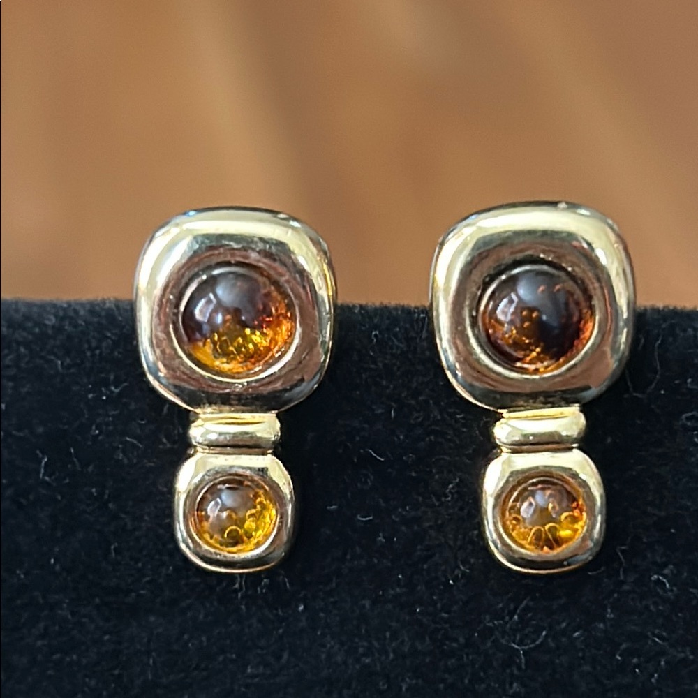 Gold and Orange Double-Drop Earrings with Cushion-Shaped Settings